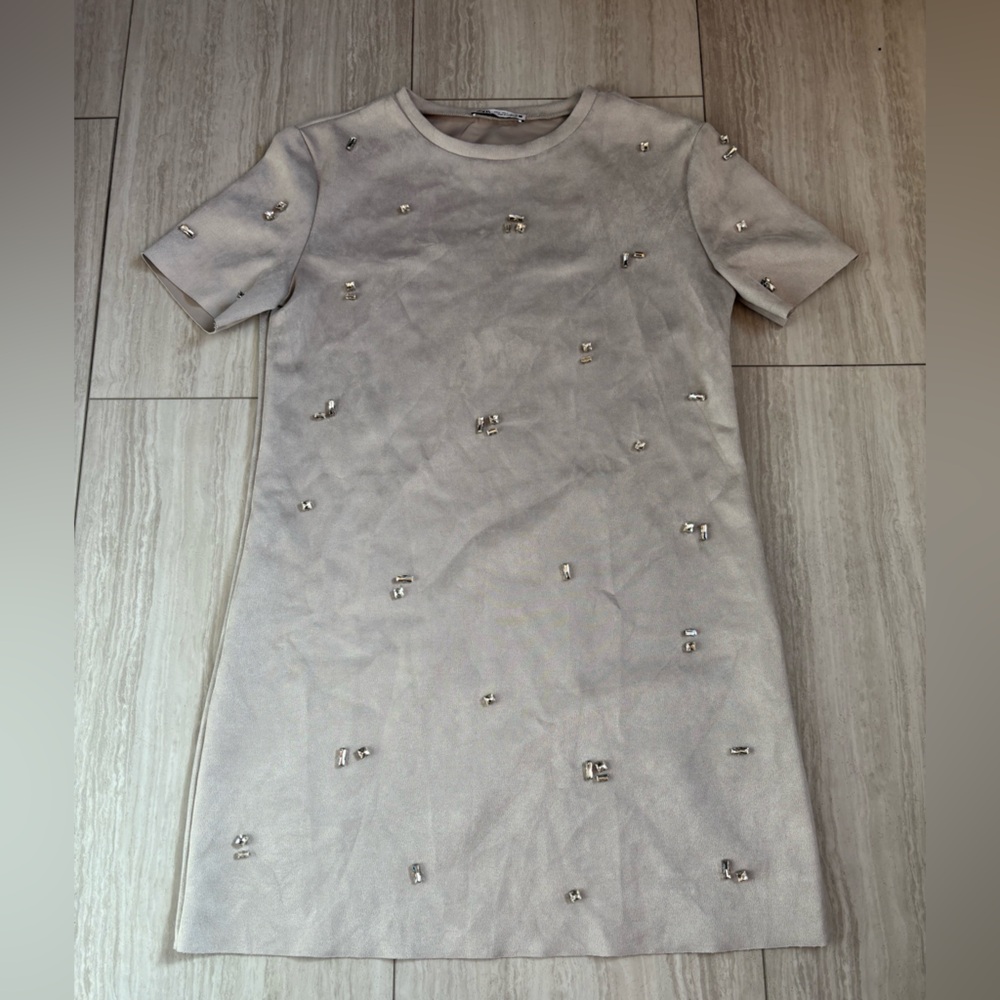Zara Embellished faux suede light grey Dress